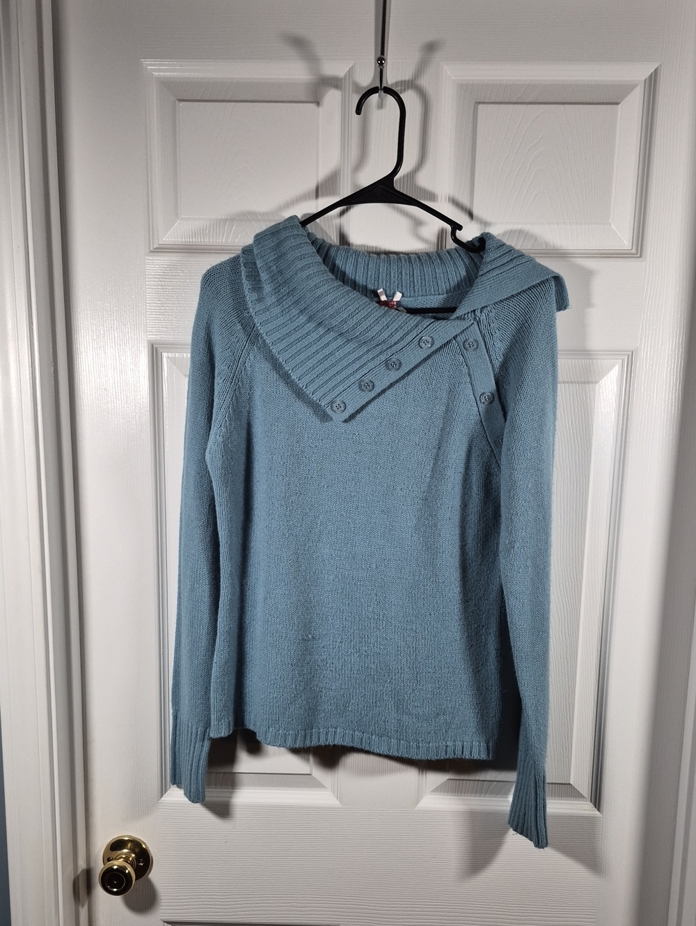 Derek Heart Dusty Blue Button-Trim Cowl Neck Sweater